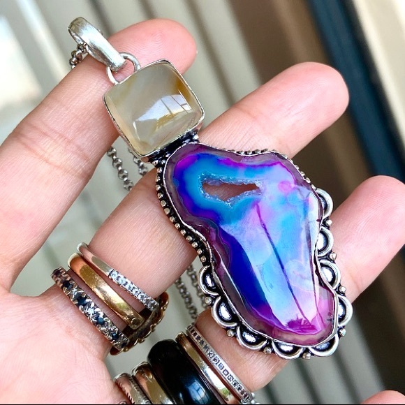 925 Sterling silver purple pink agate necklace - Picture 2 of 9